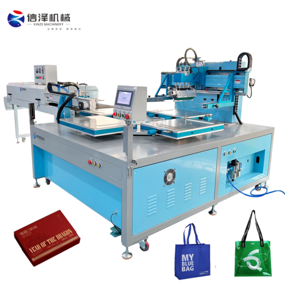High Accuracy 4 Stations Flatbed Screen Printing Machine for Packaging Bags Textile Products with Unloading Robotic Arm