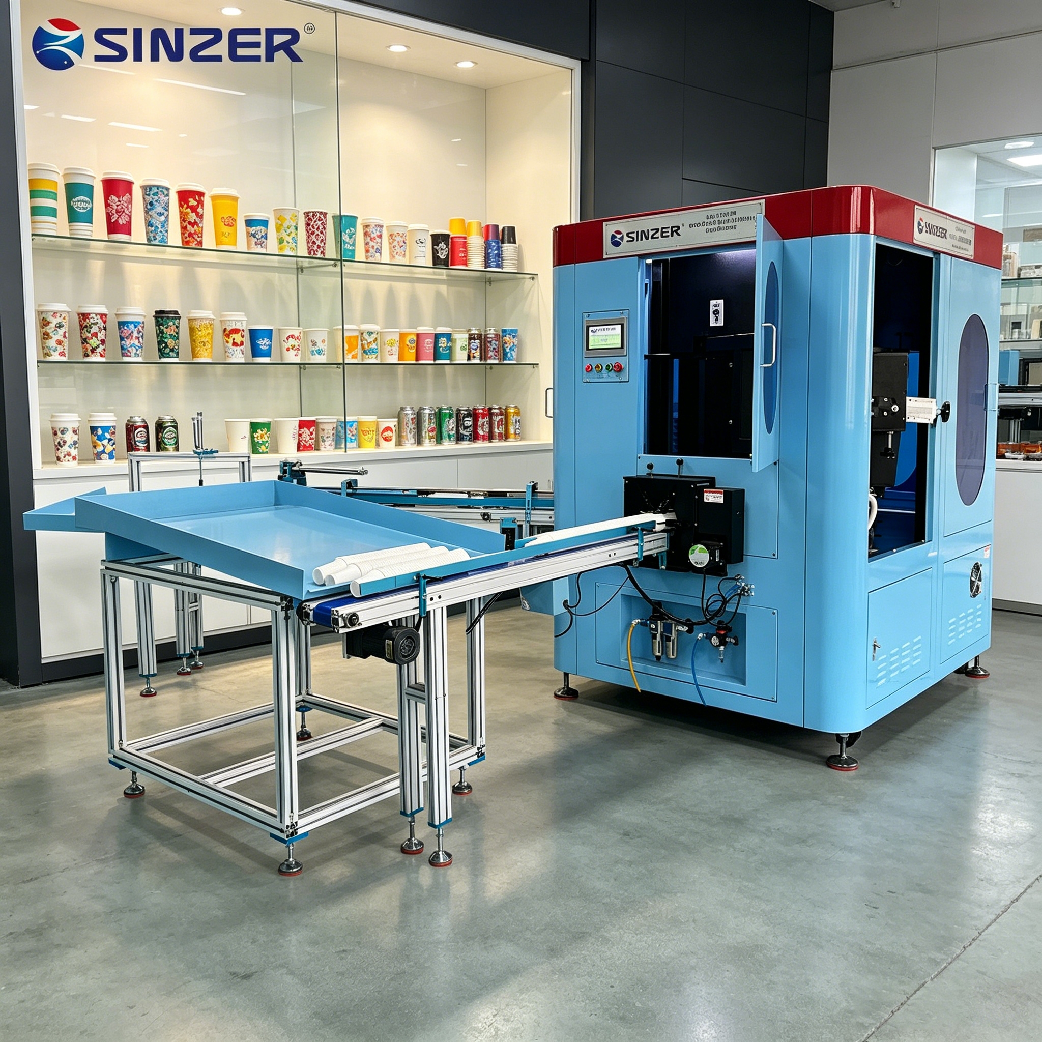 High Speed Multiple Print Heads Single Pass 6 Station Horizontal Turntable Digital Printer with Discharge Conveyor for PP PET PS Cups and Glass bottles