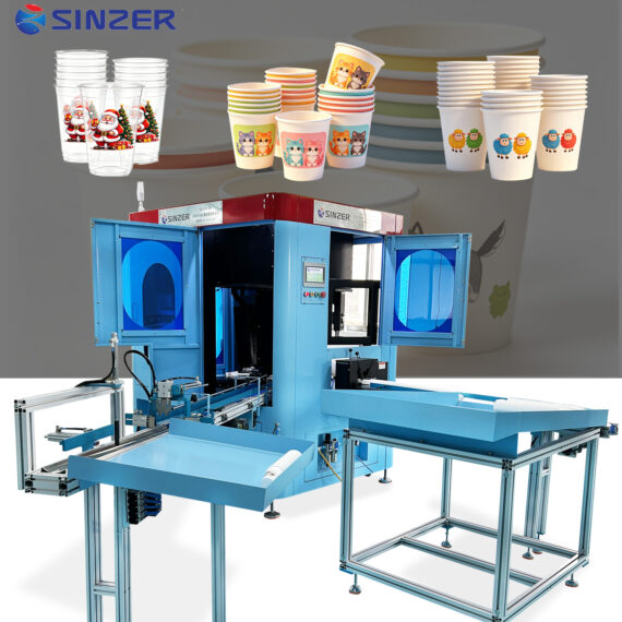 High Speed One Pass Integrated Inkjet Printing Machine Horizontal Turntable CMYKW Printer With Auto Stacking For Paper Cup Plastic Bottles