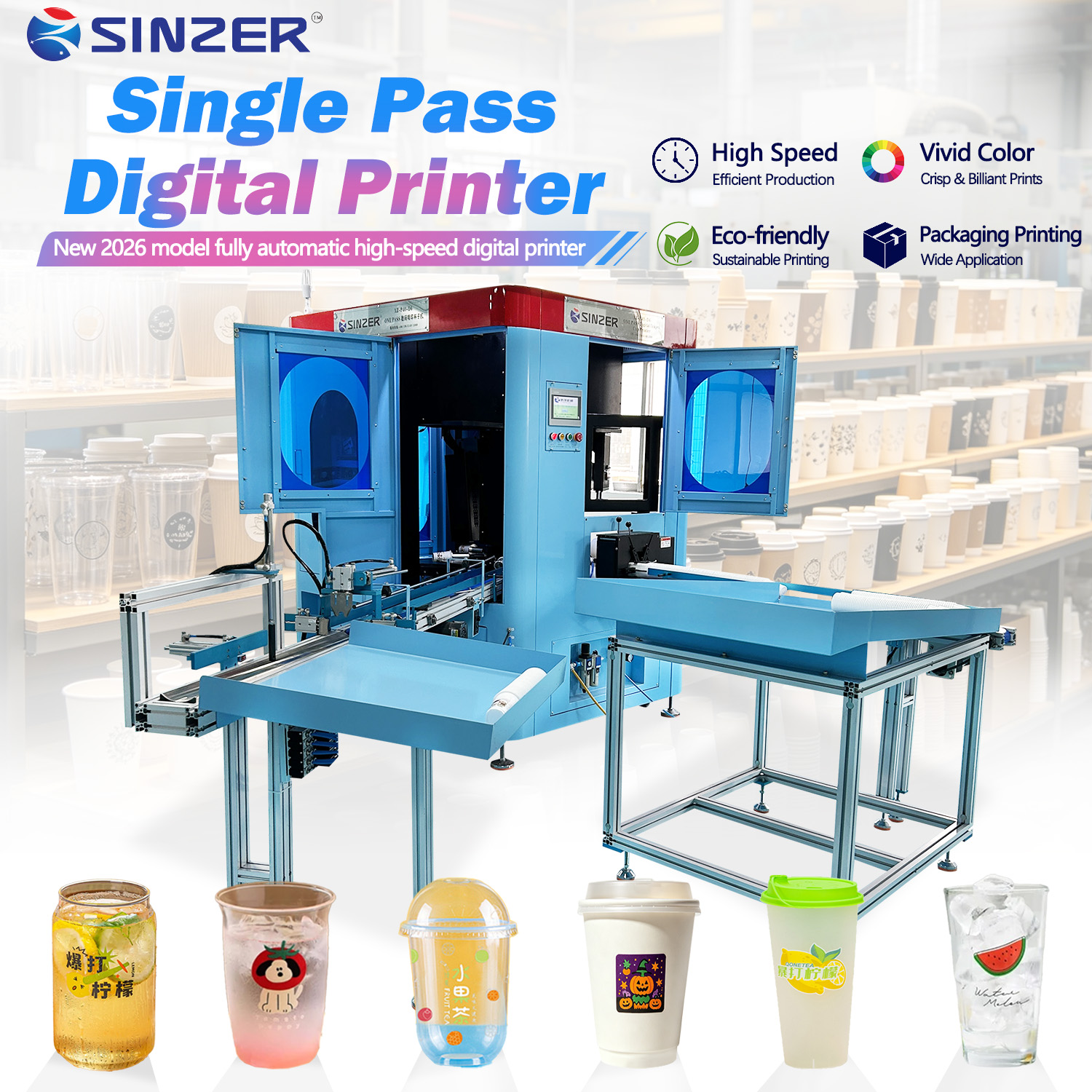 High Speed One Pass CMYKW Fully Automatic Digital Printing Machine with Feeding and Unloading for Plastic Paper Disposable Cups