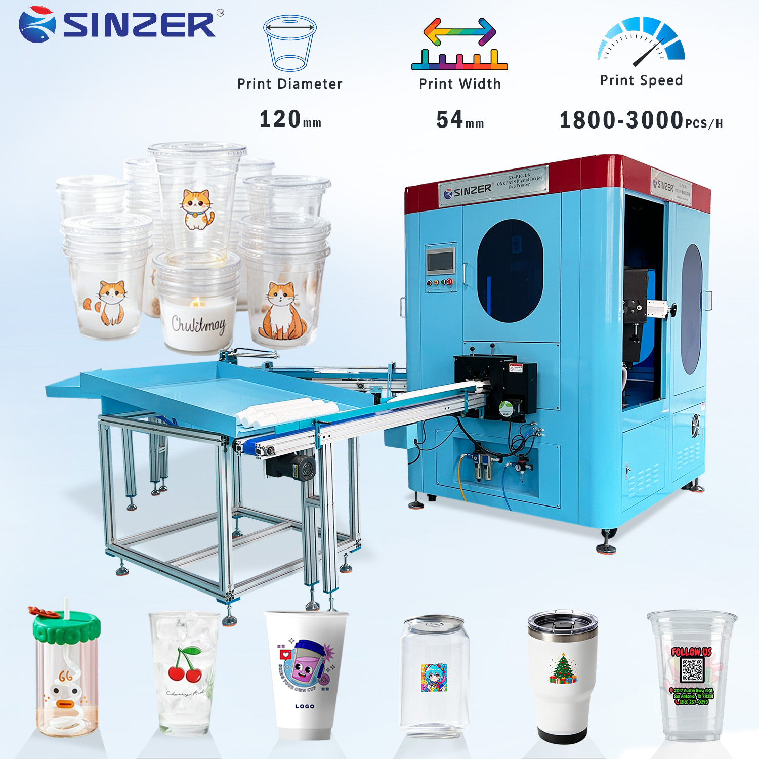 1800-3000PCS/H One Pass 6-station Horizontal Turntable 360 Degree UV Digital Printer with Ricoh G5 for Paper Foam and Beverage Cups