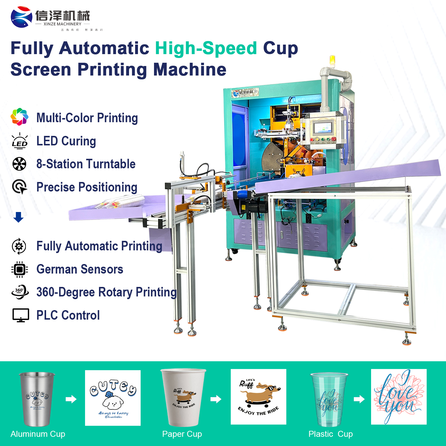 Professional High Quality High Speed Fully Automatic Screen Printing Machine with Auto Curing and LED Drying for Packaging Cups